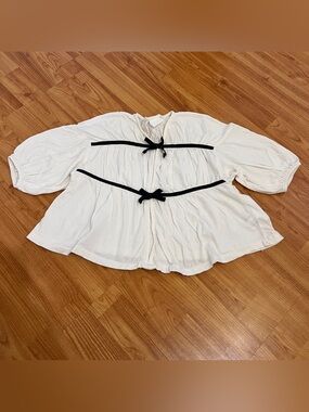 Zara Girl Cream Blouse with Black Ribbon Ties